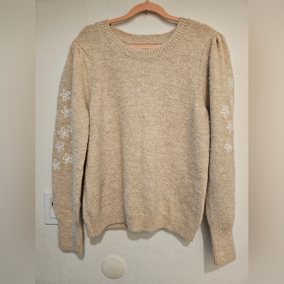 CeCe Sweaters - CeCe Beige Sweater with White Floral Details